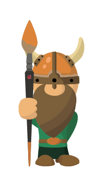 un nain barbu avec le casque jusqu'aux yeux et qui tient un grand pinceau tel une lance